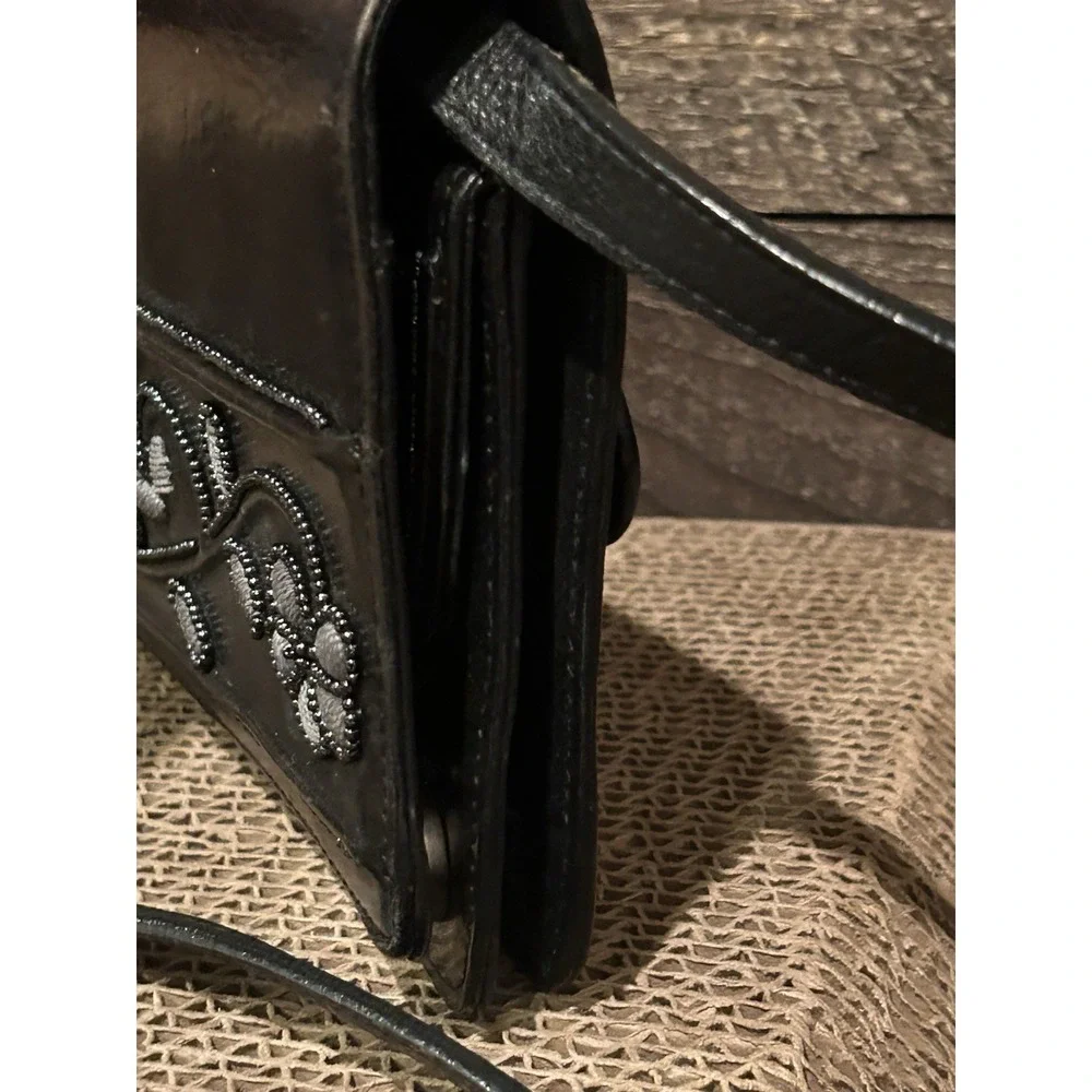 Brighton Black Leather Floral Embroidery Beaded Large Organizer Wallet Crossbody